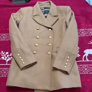 Zara Women's Manteco Camel Peacoat with Gold Buttons